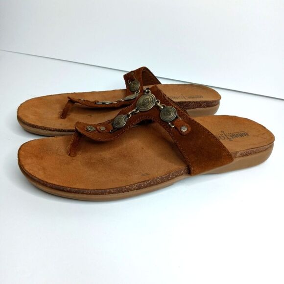 Minnetonka Brown Leather Flatbed Sandals - Picture 1 of 9